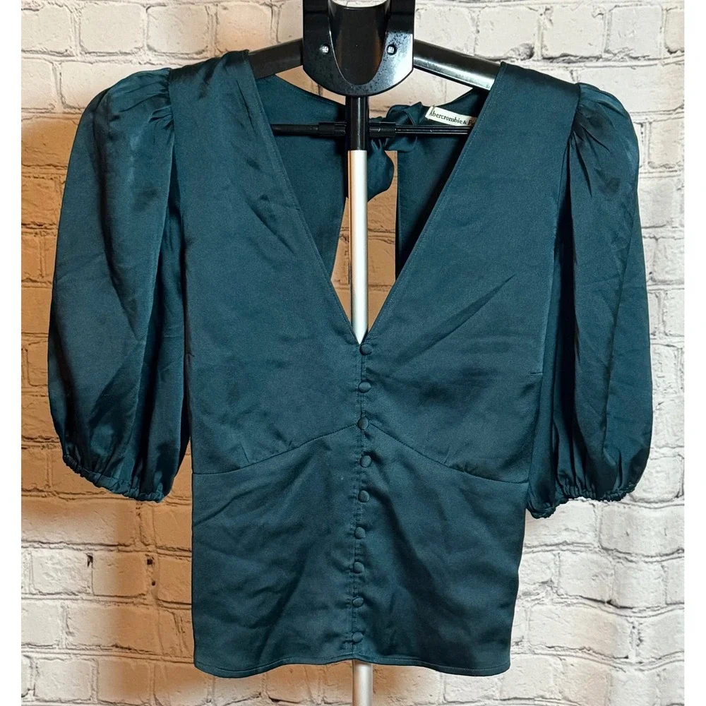 Abercrombie & Fitch Satin Open Back Puff Sleeve Tie Blouse Emerald Green Medium